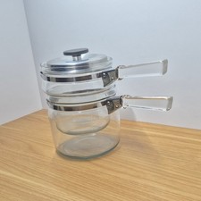 Vintage Pyrex Flameware 1940s Glass Double Boiler 3pc Stacking Glass Handles picture