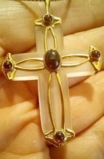 Scarce Franklin Mint 22k Gold Plated Frosted Crystal Cross w Garnets picture