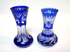SET OF 2 BOHEMIAN COBALT BLUE CUT TO CLEAR BUD VASES picture