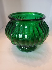 Vintage E.O. Brody Co. Emerald Green Glass Pedestal Vase Ribbed Melon Bowl G-105 picture