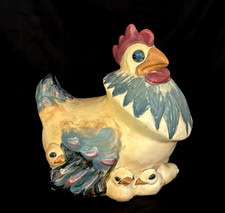 WELLER POTTERY GARDEN WARE HEN WITH 6 BABY CHICKS....GREAT COLORS SIGNED & RARE picture