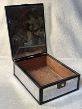 VTG 1930s Victorian Art lidded Wood/Metal Vanity box Metal tiled mirror lid picture