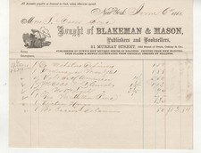 1862 Blakeman & Mason Publishers, Bookseller NY City  Illustrated Billhead picture