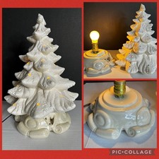 Vtg 70s CERAMIC White Flocked CHRISTMAS TREE w/Stand & Music Box 15'' NO LIGHTS picture