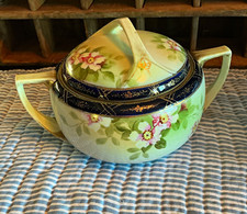 Antique Nippon Morimura Biscuit Jar Cobalt Gold Moriage Pink Flowers 1911-1921 picture