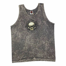 Vintage Y2K Harley Davidson Skull Cyber Grunge Stone Wash Graphic Tanktop Grey L picture