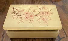 Vtg 60s Italian Made Alabaster Trinket Jewelry Box Hand Carved Cherry Blossom picture