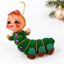 Vintage 1960s Green Flocked Anthropomorphic Pixie Caterpillar Christmas Ornament picture