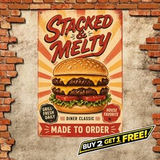 Central Stacked Cheeseburger Illustration Vintage Burger Diner Tin Sign picture