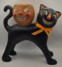 Halloween Black Cat Pumpkin Candy Container Folk Art Paper Mache Style 8