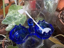 Vintage Cobalt Blue Glass Octagon Double Salt Cellar Dish w/ Milk Glass Spoon💙 picture