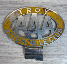 Vintage AAA Automobile Club Chrome License Plate Topper City of Troy Cracked picture
