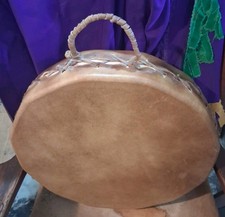 ** VINTAGE 1980s NATIVE AMERICAN BISON HIDE DOUBLE SIDED DRUM QUALITY