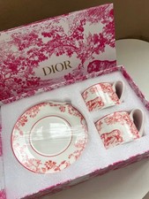 Dior Toile de Jouy Pink Red Tiger Porcelain Mug Tea Cup Saucer Set for 2 Gift picture