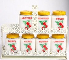 Vtg McKee Tipp Cherries Milk Glass Spice Shaker Set 7 pcs Tilt Rack Yellow Lids picture