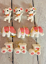 9 Vintage Flocked Christmas Ornaments Japan Red Gingham, Mice, Elephants, Trains picture