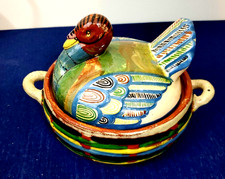 Vtg Mexico Pottery Tlaquepaque Terra Cotta turkey casserole pot colorful 10 x 8 picture