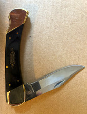 Crowing Rooster Vintage 2000 1-Blade Lockback Clip Point Black Wood Knife picture