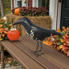 Recycled Scrap Metal Crow with Pumpkin Statue 14.5