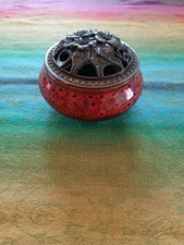 Ornate Asian Inspired Porcelain/Pottery Incense Burner Floral Metal Lid picture