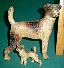 Antique Cast Iron Dog Doorstop + Puppy Wire Hair Fox Terrier Hubley (?) picture