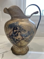 Antique Wiehler Gobelin Pitcher Crackled Gold Tone Finish Painted “Young Lovers” picture