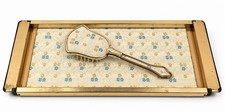 Vintage 1950s MCM Vanity Tray & Brush Dresser Set Brass Glass Floral Brocade 18