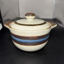 Vintage Otagiri Horizon Sugar Bowl with Lid Blue Brown Stripe and Speckled Japan picture