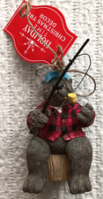 Fishing Bear Smoking Pipe Lumberjack Plaid Shirt Cap Wood Xmas Tree Ornament picture