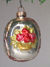 VTG Antique Blown Glass FLOWERS Embossed on OVAL Christmas Ornament Germany picture