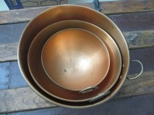 Vintage Copper Mixing Bowls Set Of 3 With Brass finger Loop Handle picture