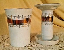 VANITY SET 2 PC VINTAGE PORCELAIN TOOTHBRUSH HOLDER CUP GOLD I W RICE TAIWAN. picture
