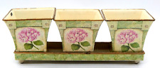 Set of Decorative Hydrangea Decoupage Floral Metal Planters With Tray 14.5 x 5