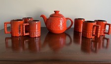 Vtg Frankoma Flame Red Mayan Aztec Teapot 7T & Matching C4 Mugs Set MCM picture