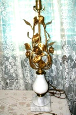 HOLLYWOOD REGENCY ITALIAN TOLE LAMP GILT ROSES VINES MARBLE BASE 1960s ELEGANT picture