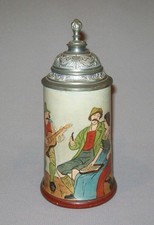 Antique Vtg Ca 1900s Mettlach Type 7 Inch Pottery Stein Guitar and Harp Player picture