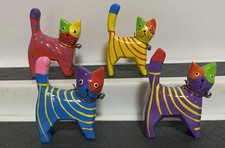 VTG NEW Bali 4 pcs Hand-Carved & Painted Colorful Wooden Belled Cats 2.5” Tall picture