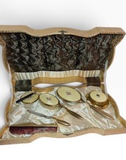 VTG 1950s Vanity Set Mirror Brush Comb Gold Rose Floral Original Box USA Made picture