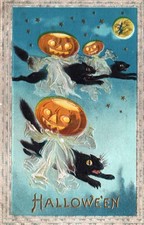 JOL GOBLINS Ride BLACK CATS On Spooky Vintage 1912 HALLOWEEN Postcard picture