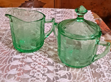 Depression Glass GREEN CREAMER & SUGAR W/ LID picture