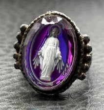 Vintage Virgin Mary Miraculous Medal Glass Cameo Iridescent Ring Silver Tone picture