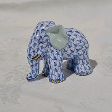 Herend Blue Fishnet Porcelain Miniature Elephant Figurine 24K Gold Accents picture