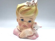 head vase planter ENESCO girl with bow holding kitten - VG picture