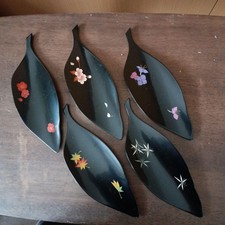 Showa Retro Lacquerware Confectionery Plate Set of 5 Hand-Painted Flowers picture