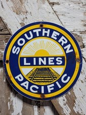 VINTAGE SOUTHERN PACIFIC PORCELAIN SIGN RAILROAD TRAIN STATION RAILWAY PLAQUE picture