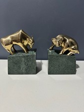 Vintage Set of Wall Street Bear & Bull Brass Marble Book Ends Rare Bear picture