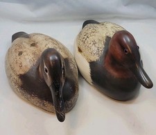 Vintage Hand Carved Wooden Canvasback Duck Pair Matched Drake & Hen Signed picture