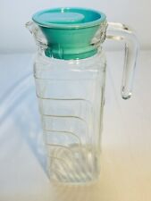 Vintage Retro Tall Glass Pitcher Jug W/ Aqua Lid Tea Juice Water Ribbed Design picture