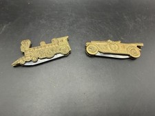 Lot of 2 Vintage Solid Brass Novelty Pocket Knives Steam Train & Vintage Car picture