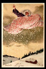 [H3] Postcard Unused Embossed Mailick, Fantasy Boy Flying on Blanket, Snow Scene picture